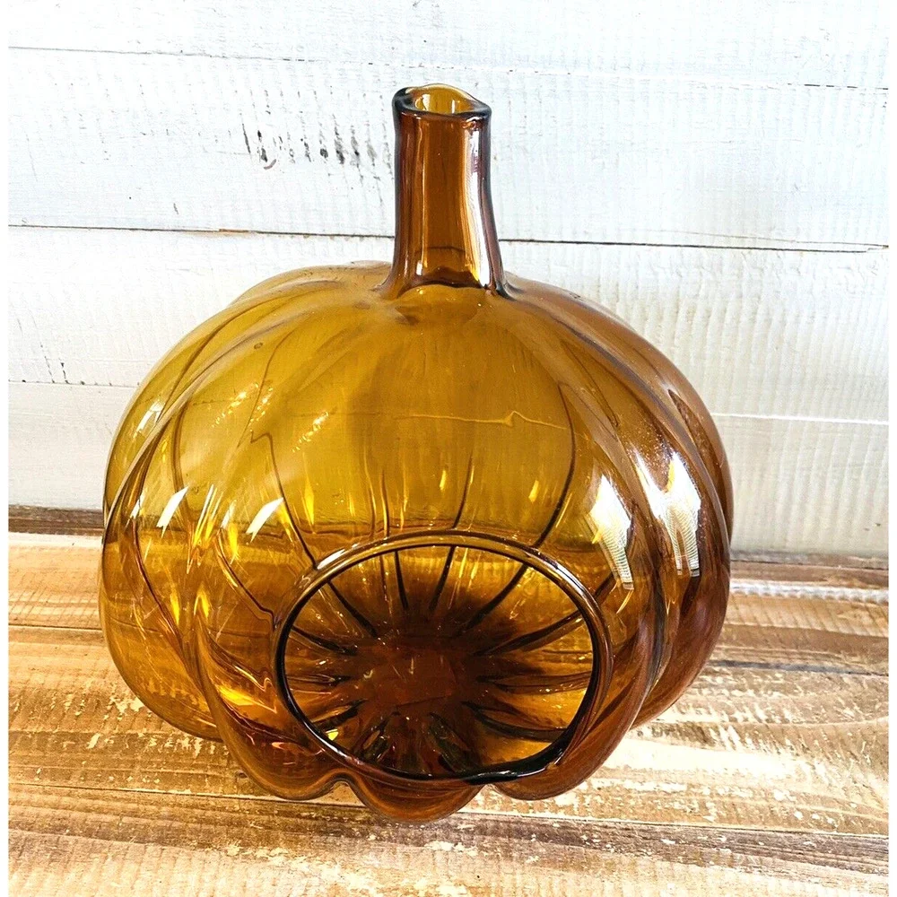 Vintage Blown Amber Glass Pumpkin Candle Holder Poland 10